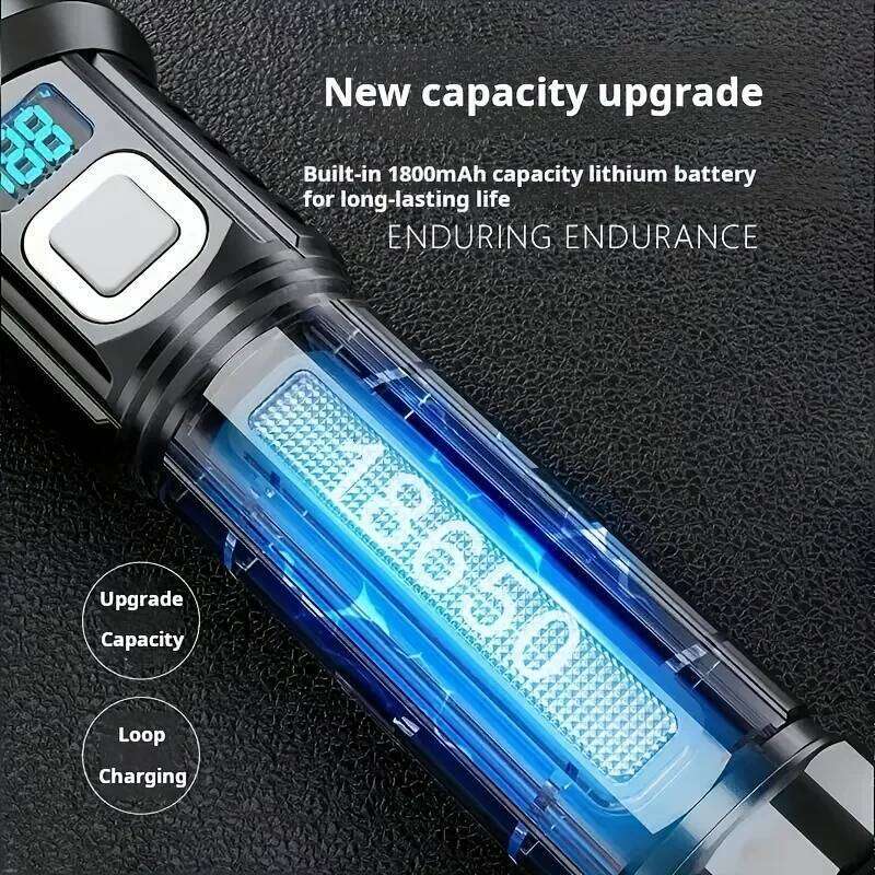 1/2pcs Ultra Bright Rechargeable Flashlight Powerful Torch with 5 Modes Red/Blue Flash Digital Display Screen USB-C Charging Z260301
