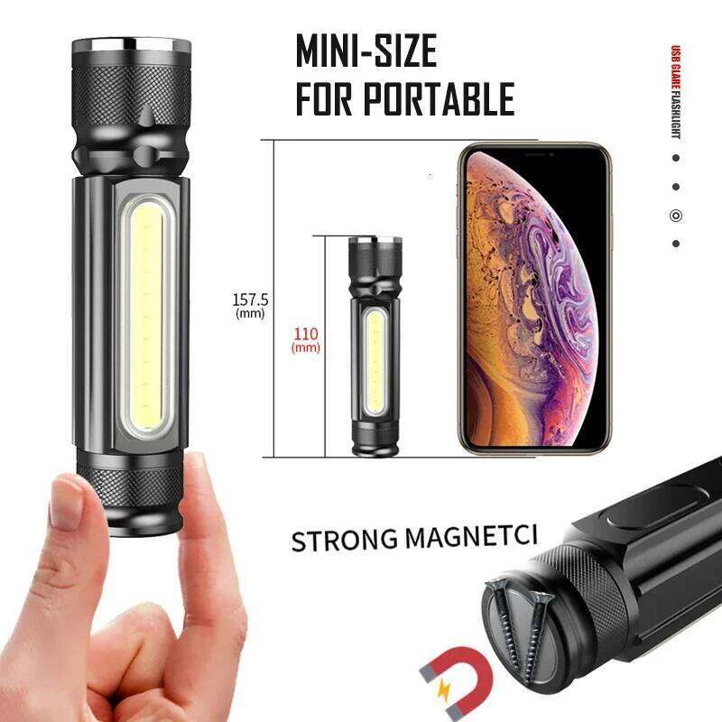 USB Rechargeable Multifunctional LED Flashlight Built-in battery Powerful T6 torch Side COB tail magnet Work Light Z260301