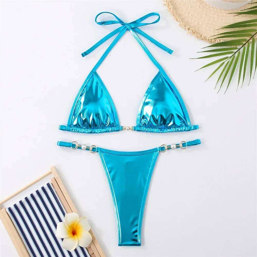 Shiny Red String Halter Triangle Micro Bikinis Sets Sexy Swimsuit Women Thong Bathing Suit Lace-up Bikini 2025 Mujer Biqiunis Z260301