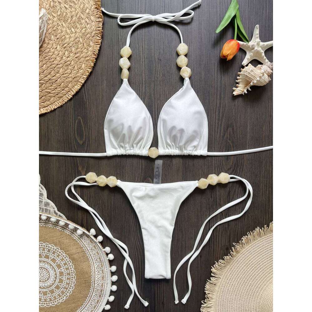 2025 Sexy Bead Swimwear Women Swimsuit Beach Halter V Neck Bikini Set Beachwear Summer Bathing Suit Z260301