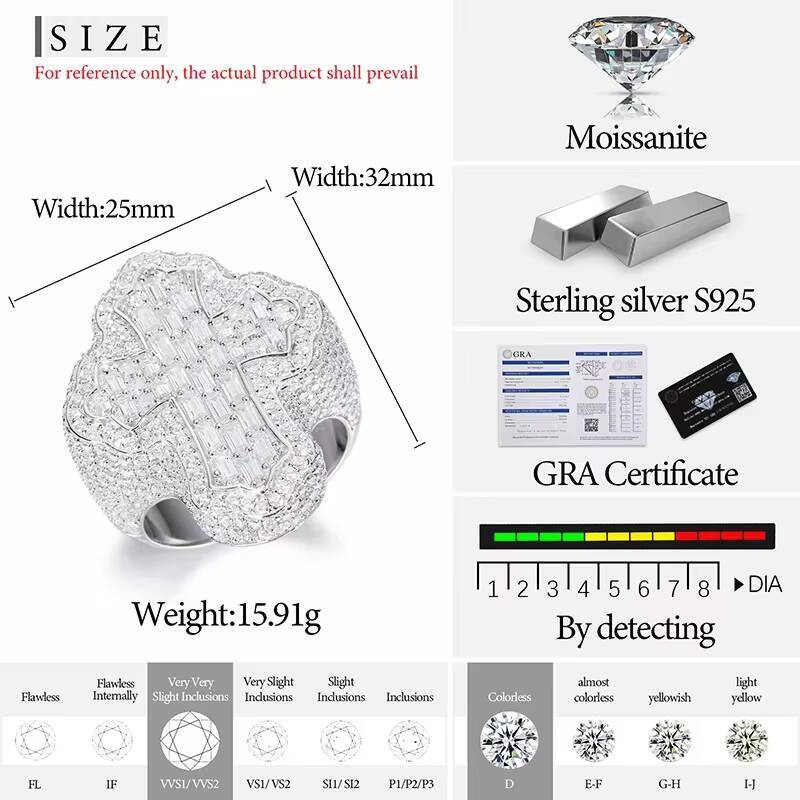 Iced Out Baguette VVS1 Moissanite Diamond Cross Rings S925 Silver for Men Hip Hop Jewelry