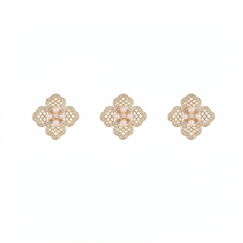 18K real gold plated zircon hollow flower pearl ear clip vintage elegant temperament light luxury niche earrings - view 8