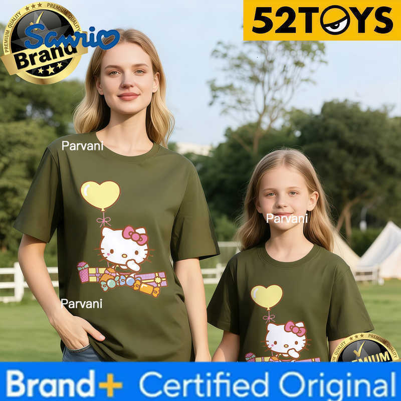 Sanrio 2026 Summer Family Must-Have 52TOYS Hello Kitty Balloon Print T-Shirts 100 Cotton High Quality Parent-Child Tees Single Piece H260302