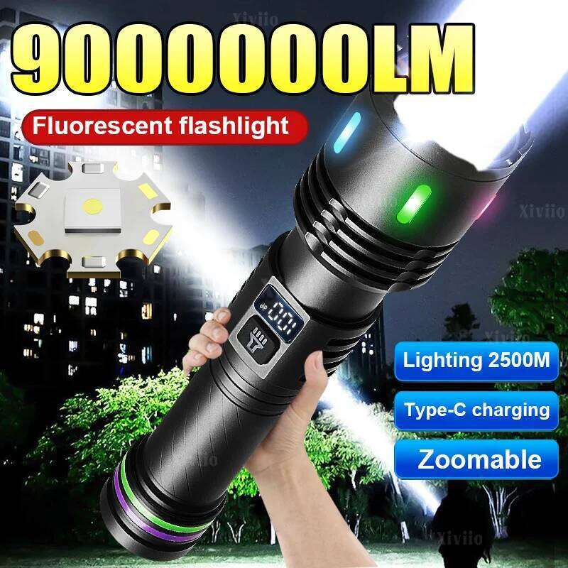 2026 New Super Bright 18650 Rechargeable Torch 9000000LM Powerful LED Flashlight Outdoor Camping Fluorescent Lantern Z260301