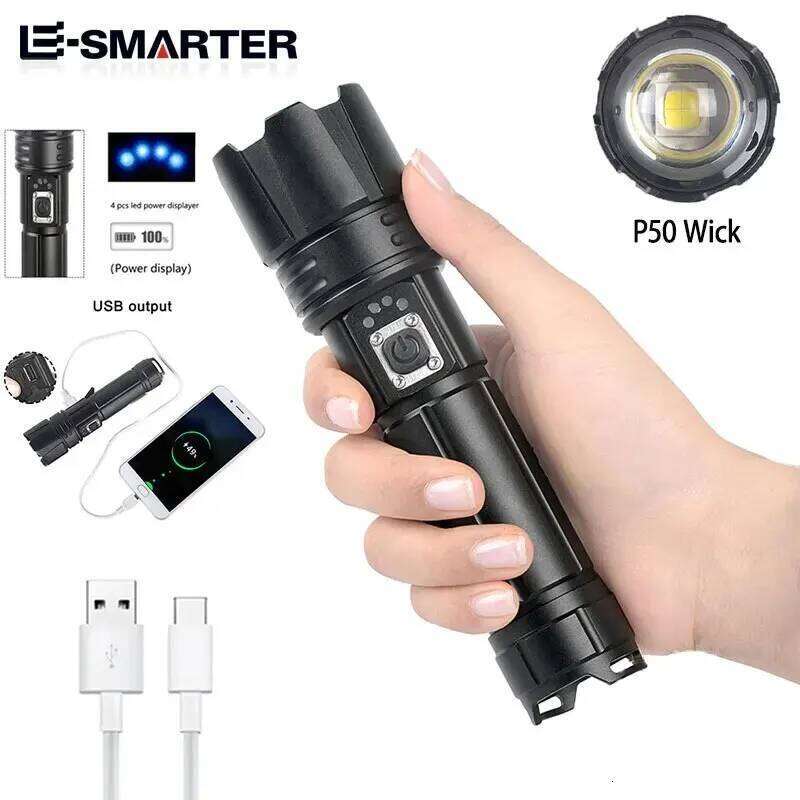 Powerful Super Bright LED Flashlight P50 Or Laser Wick Rechargeable Torch Camping Adventure Tactical Lantern Long Shot Hand Lamp Z260301