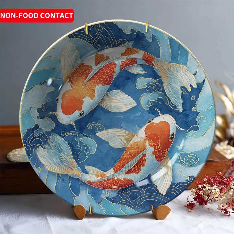 Art Deco Ceramic Decorative Plate Blue White Koi Fish Design Non-Food Contact Jewelry Display Home DecorT260302
