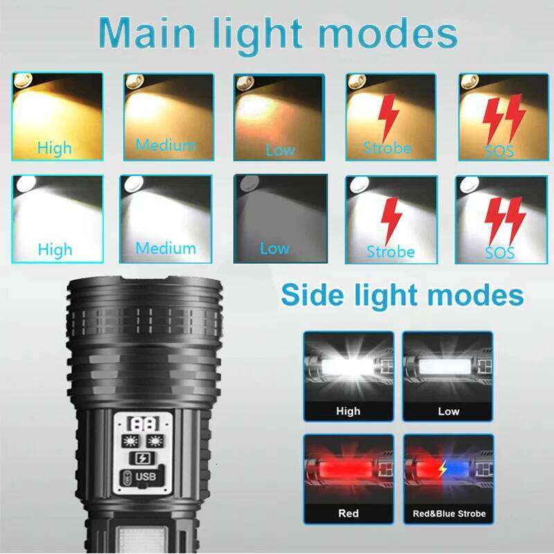 High Power Super Big Flashlight Rechargeable Most Strong LED Flash Light Long Range Torch Outdoor Built in Battery Z260301
