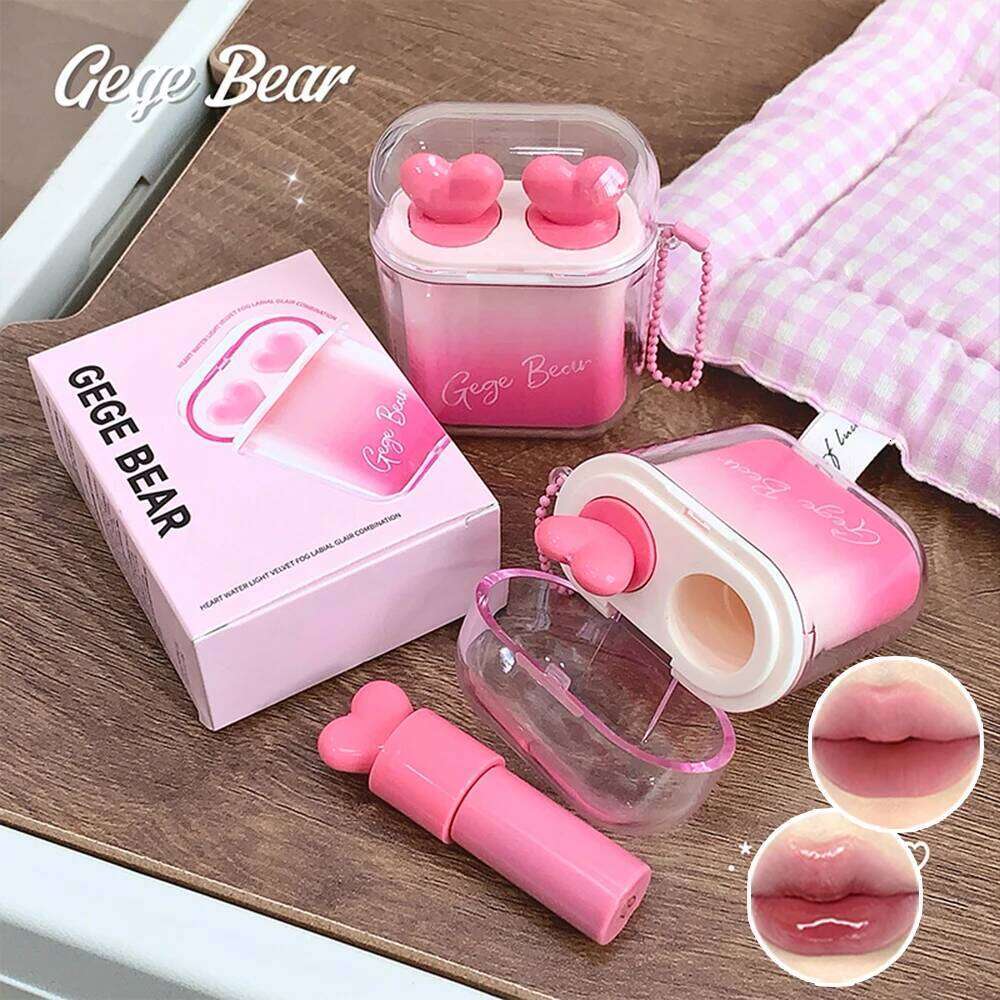 GEGE BEAR Heart-beating Water Gloss Velvet Combination Two-pack Mirror Matte Headphone Shaped Pendant Lip Glaze H260302