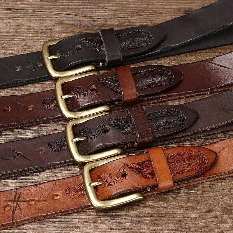3.8 Cm Pure Cowhide Genuine Leather for Men High Quality Brass Buckle Belts Cowboy Waistband Male Carved Western Jeans Strap S260228