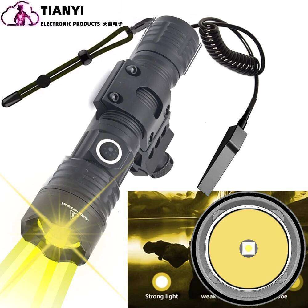 Tactical Flashlight High Brightness USB Rechargeable Search Light with Focusing Bracket Yellow Beam for Outdoor Emergency Z260301