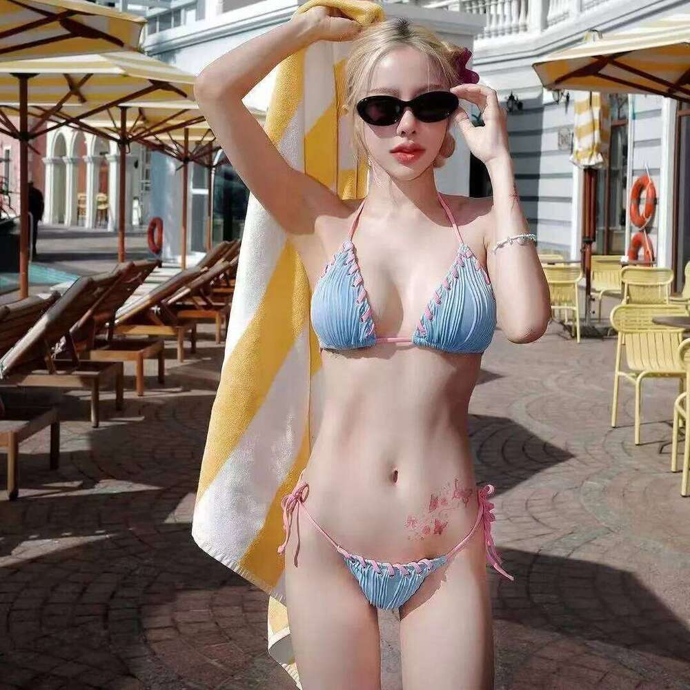 Halter Wrinkled Weave Women Swimwear Female Swimsuit Two Pieces Bikini Set Brazilian Bathing Suit Swim Beach Wear Z260301