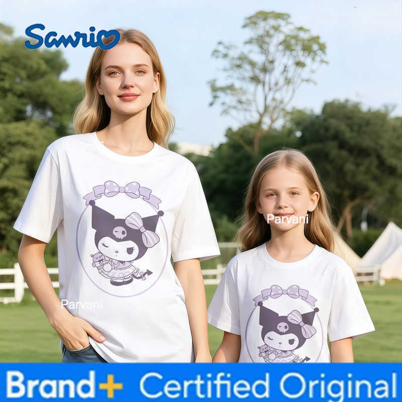 Sanrio 2026 Summer Kuromi Retro High-Quality 100 Cotton Mens T-shirt Oversized Cute Bow Wreath Print Top Unisex Family Matching H260302