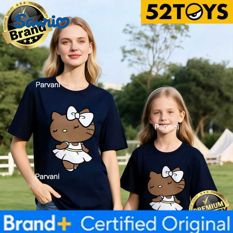 Sanrio 2026 Autumn-Winter Trending Brown Hello Kitty White Dress Print 100 Cotton Parent-Child T-Shirts High Quality Loose Casual H260302