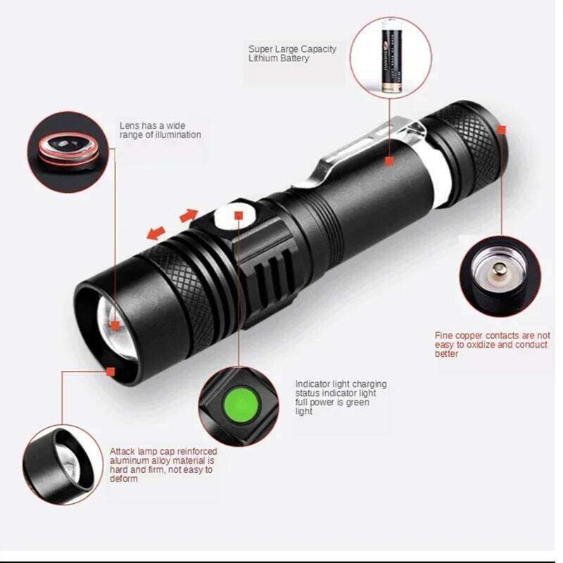 T6 LED Flashlight Strong Light Long-Distance Use Rechargeable 18650 Battery Torch Telescopic Zoom Outdoor Emergency Searchlight Z260301