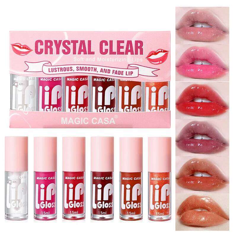 MAGIC CASA 6-Piece Set Water-Gloss Jelly Lip Oil - Plumping, Hydrating, Makeup Base, Long-Lasting Moisture H260302