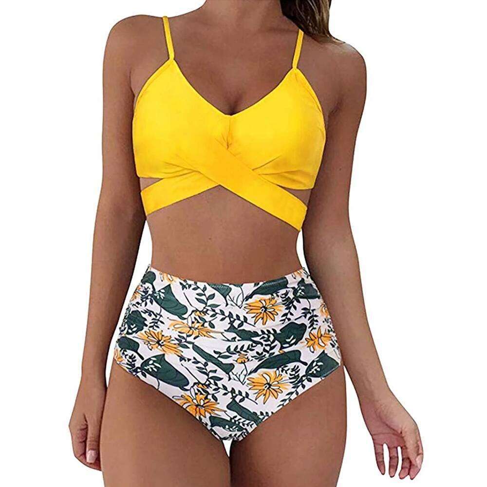 Hot 12 Colors Women Slim Bikini Sets High Waisted Sexy Swimwear 2 Pieces 2025 Solid/Floral Ruched Brazilian Swimsuit Cross Front Z260301