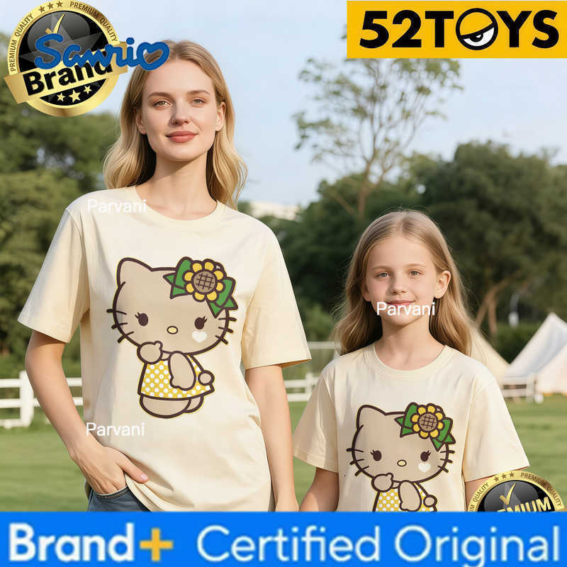 Sanrio 2026 Autumn-Winter Trending Hello Kitty Sunflower Print 100 Cotton Parent-Child T-Shirts High Quality Loose Casual Fashion H260302