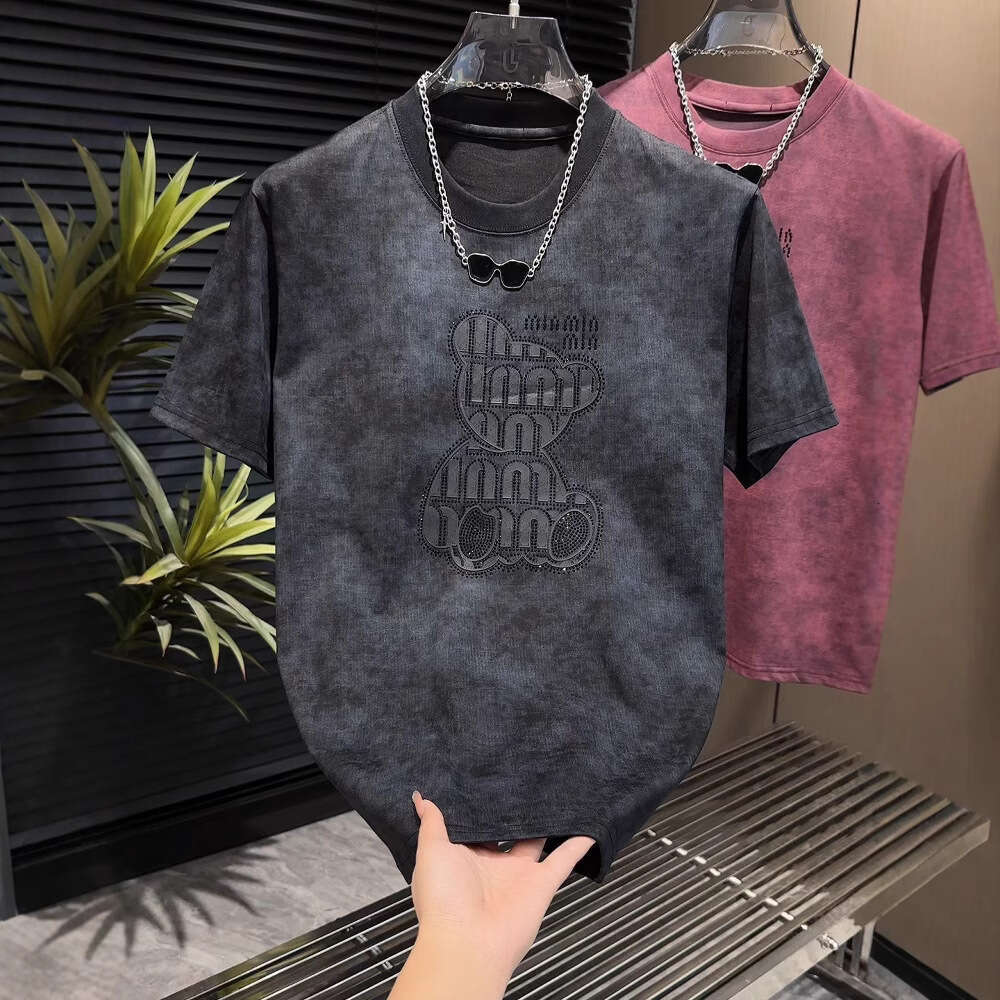 Summer New Trendy Rhinestone Printed Short T-Shirt Men's Fashion Casual Breathable Half Sleeve Ins