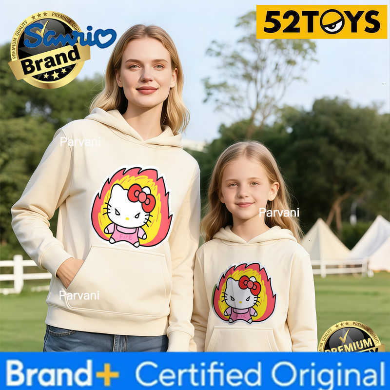 Sanrio 2026 Autumn-Winter Trending Hello Kitty Fire Print 100 Cotton Parent-Child Hoodies High Quality Loose Casual Comfortable Y2K H260302
