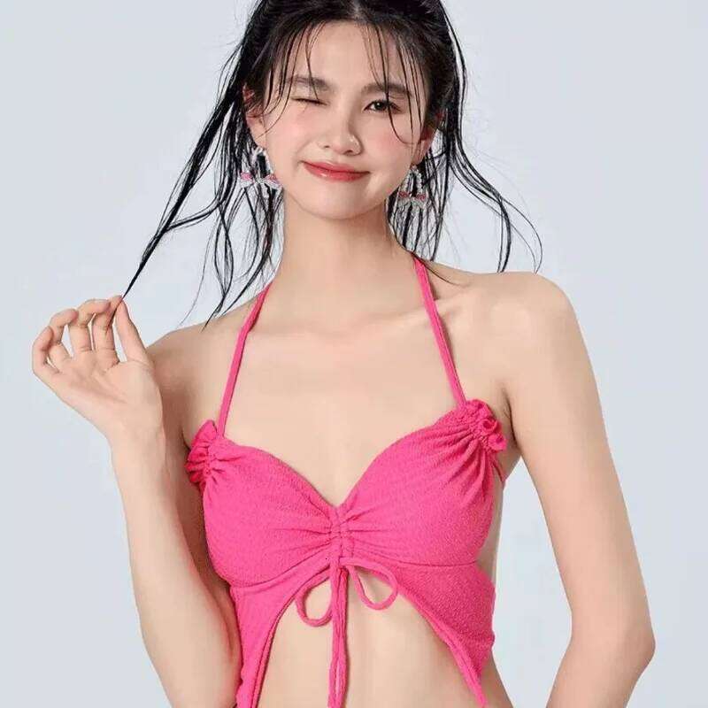 Vacation Beach Ins Rose Red Bikini Three Piece Women's Small Chest Internet Famous Swimsuit Butterfly Sexy Spicy Girl Z260301