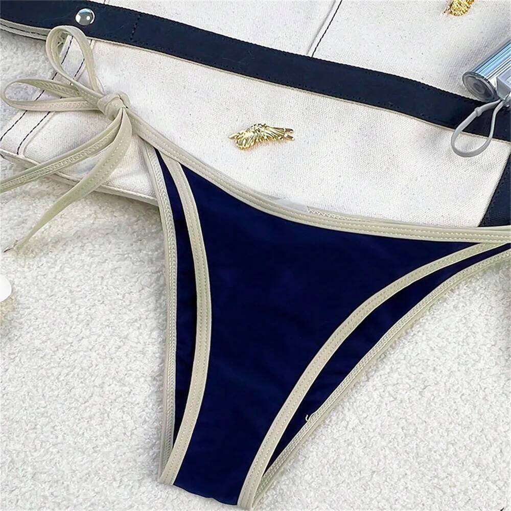 Vintage Blue Bikinis Set Triangle Border String Swimsuit Push Up Swimwear Backless Extrem Bikini Women Beach Outfit Bathing Suit Z260301