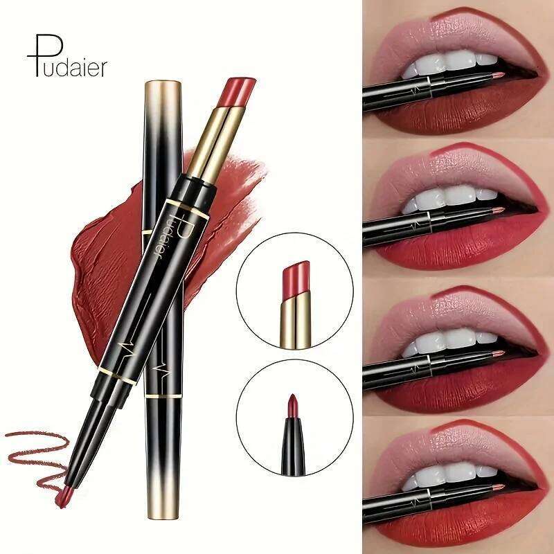 2 in 1 Lipstick and Liner Pen, Matte Waterproof Long Lasting Lip Makeup Tool, Non-Fading Smooth Velvet Finish H260302