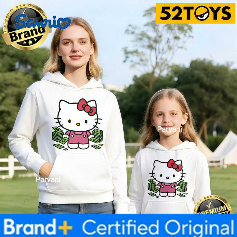 Sanrio 2026 Autumn-Winter Trending Hello Kitty Money Print 100 Cotton Parent-Child Hoodies High Quality Loose Casual Breathable Y2K H260302
