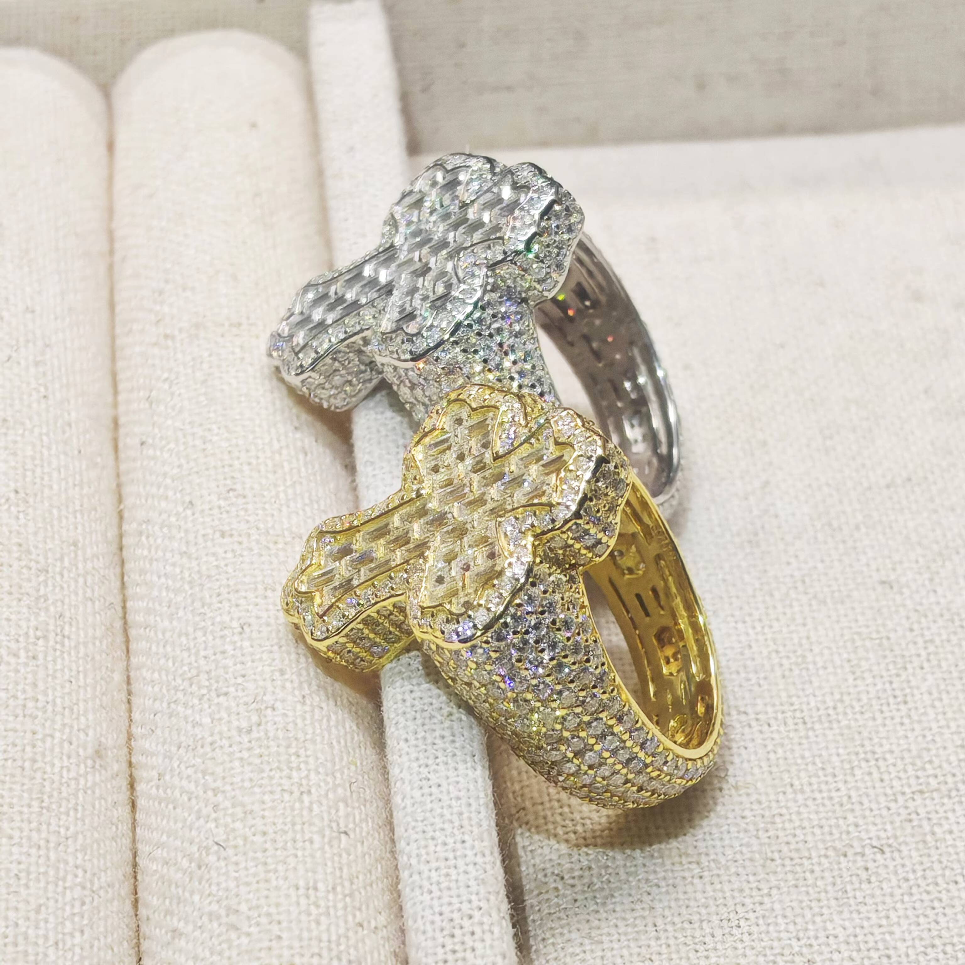 Mens Hiphop Cluster Ring 925 Silver D VVS Moissanite with 14K Gold Plating