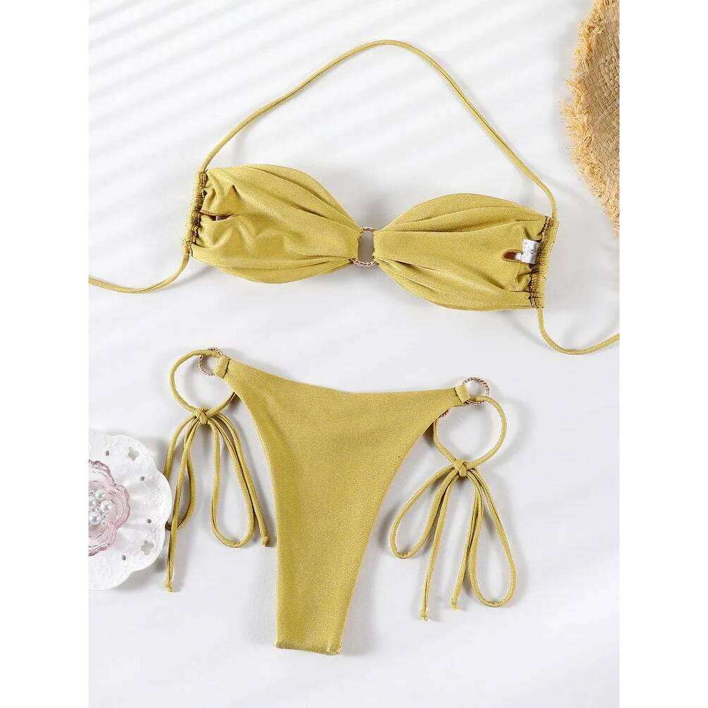 Solid Color Bikinis Swimwear Women Halter Bikini Set Shiny Swimsuit Push Up Bathing Suits Bandage Beachwear Thong Z260301