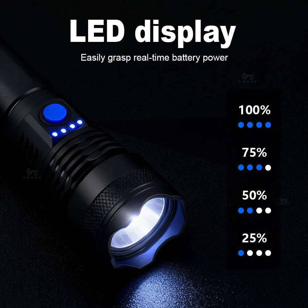 High Rechargeable LED Flashlight Portable Torch Waterproof Flashlights Power Display Outdoor Camping Hiking Fishing Light Z260301