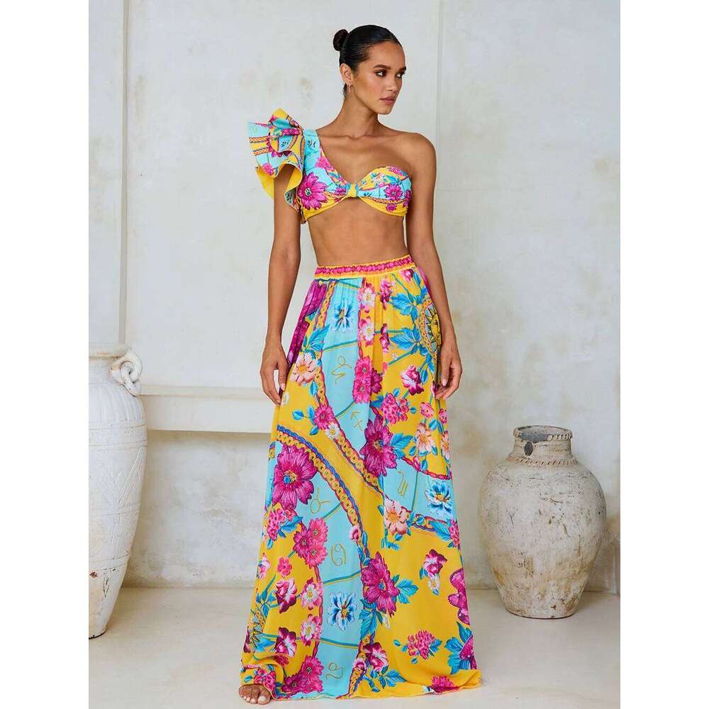 Constellation Flower Print Ruffled Bikini Swimsuit and Sarong Women Vacation Beachwear Luxury Bathing Suit Z260301