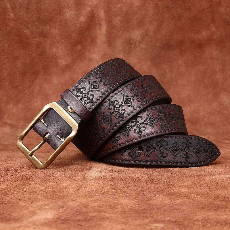 3.8CM Thickened Italian Pure Cowhide High Quality Genuine Leather Belts for Men Carving Strap Male Brass Buckle Jeans Cowboy S260228