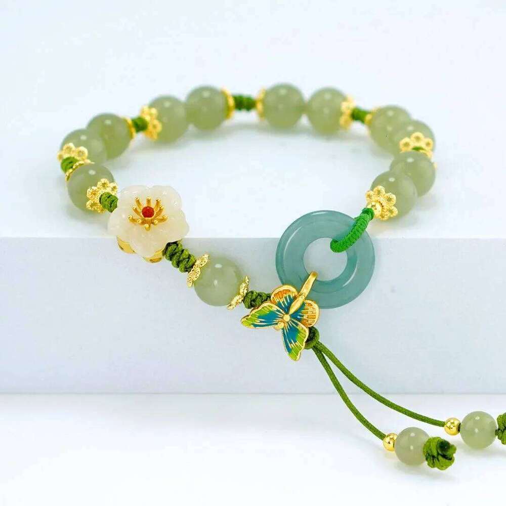 Hand Knotted DIY Jade Stone Jadeite Flower Anklets Charm Jewellery Fashion Accessories Chinese Carved Amulet Gifts For Women Men Liuyuemoshang