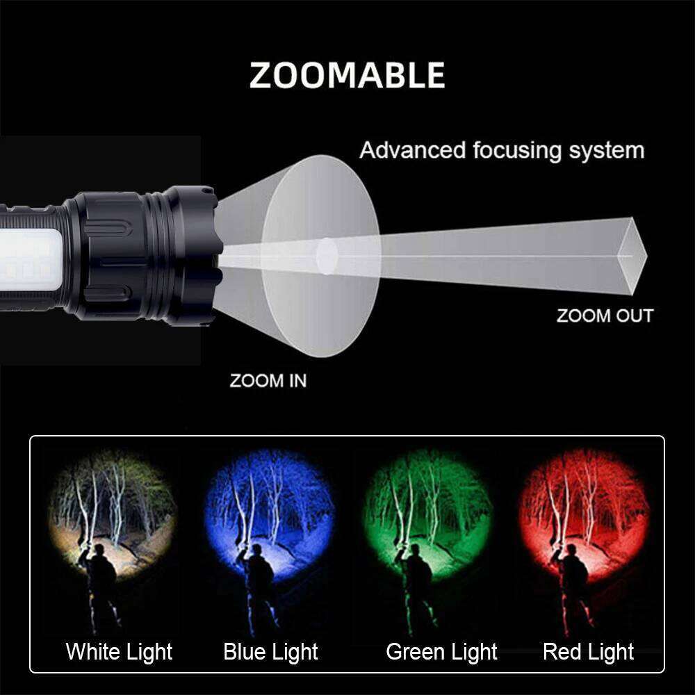 4 in 1 Zoomable Hunting Flashlight 30W 4000LM White+Green+Red+Blue 7 Modes Multi-color Outdoor Waterproof Type-C Charging Torch Z260301