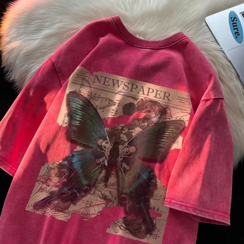 Vintage Butterfly Washed T-Shirt, Unisex Niche High-Street Wholesale Tees