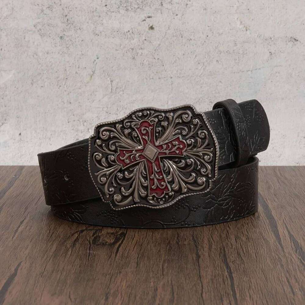 1pc Men's Y2k Punk Petal Cross Buckle Casual Black Belt, A Versatile Decorative Belt Jeans, Suitable for Daily Travel S260228