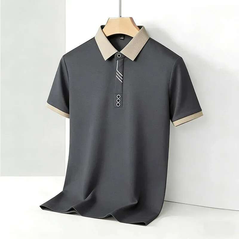 Men's Polo Black Tee Summer T-Shirts Wrinkle-Resistant Short Sleeve with Contrast Trim Premium Office Casual Men's Clothing