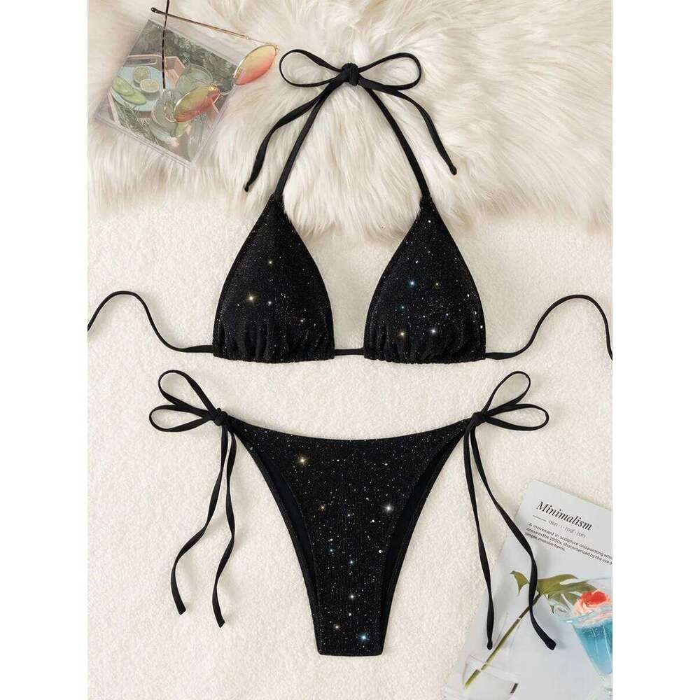 Shiny Sparkling Halter Strappy 2025 High Cut Bikinis Female Swimsuit Women Swimwear Two-pieces Bikini Set Bathing Suit Z260301