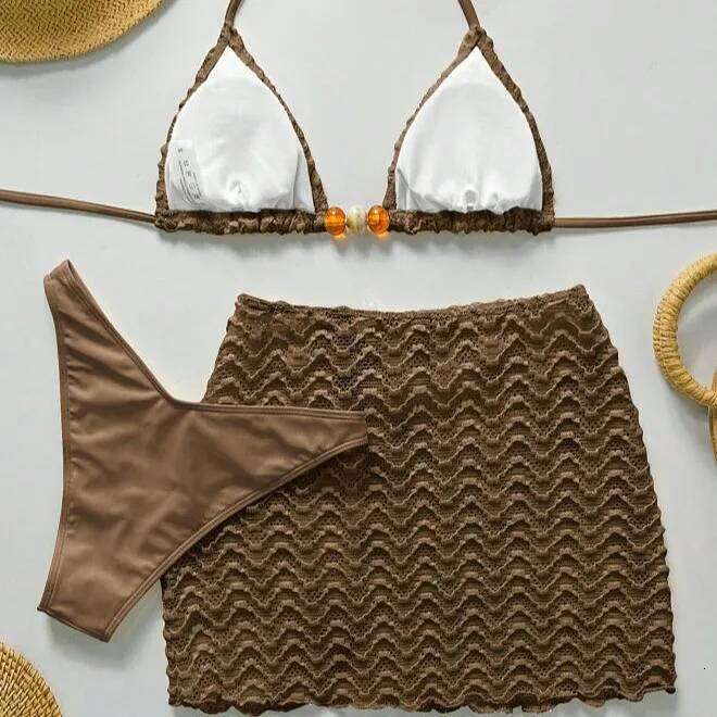 Sexy Bikini Set Women Halter Push Bra Skirt 3 Piece Swimsuit Bathing Suit Cover Up Thong Swimwear Biquini Z260301