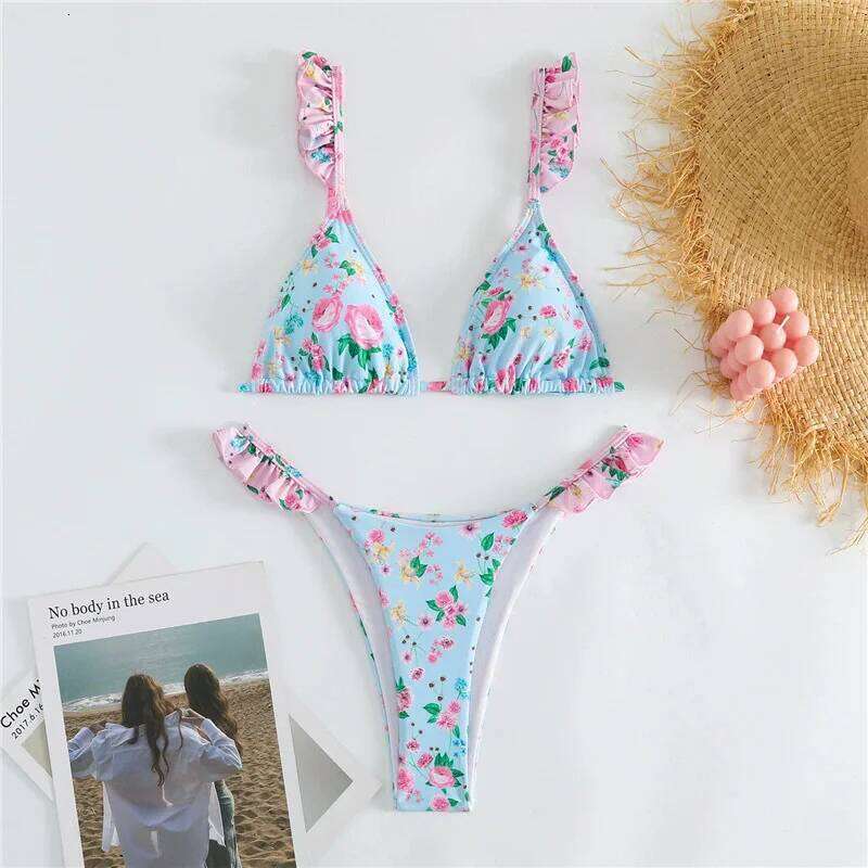 Light Blue Floral Print Swimwear Ruffled Strap Triangle Thong Micro Bikini 2026 Sexy Swimsuit Women Low Waisted Bather Bikinis Z260301