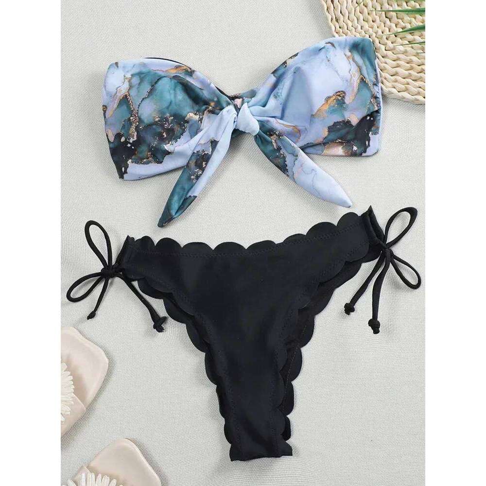 Bow Knotted Marble Print Bikinis Scalloped Bandeau Women Swimwear Female Swimsuit Two-pieces Bikini Set Bathing Suit Swim Z260301