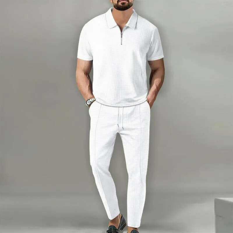 Tracksuits Solid Color Waffle Fabric Lapel Collar Zipper Jacket Short Sleeve Trousers Casual European American Style Men's Clothing - view 3