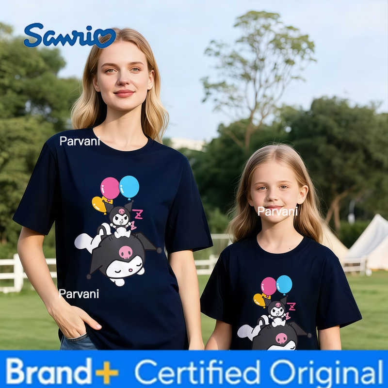 Sanrio 2026 Summer Kuromi Retro High-Quality 100 Cotton Mens T-shirt Oversized Cute Balloon Print Top Unisex Family Matching Y2K H260302