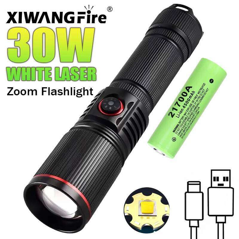 30W White Laser LED Flashlight Zoom Torch USB Rechargeable Light Outdoor Camping Hunting Fishing Walking Riding Lighting Lamp Z260301