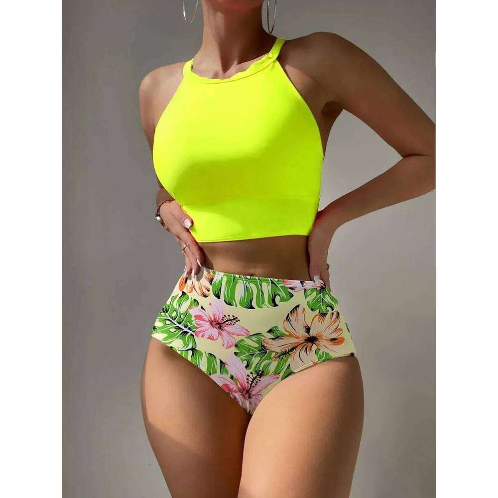 2025 Waist Bikinis Women High Neck Swimsuit Floral Swimwear Female Bathers Bathing Swimming Suit Summer Beachwear Z260301
