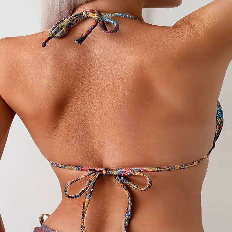 Sexy printed hang neck tie top+tie shorts split bikini 2025 summer women's fashionable beach vacation swimsuit two-piece set Z260301