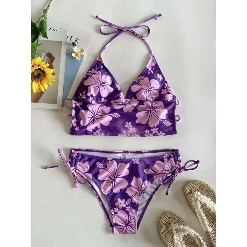 Cikini-Women's Floral Print Halter Bikini Set, Two-Piece Swimsuit, Sexy Swimwear, Beach Bathing Suit, Summer Z260301
