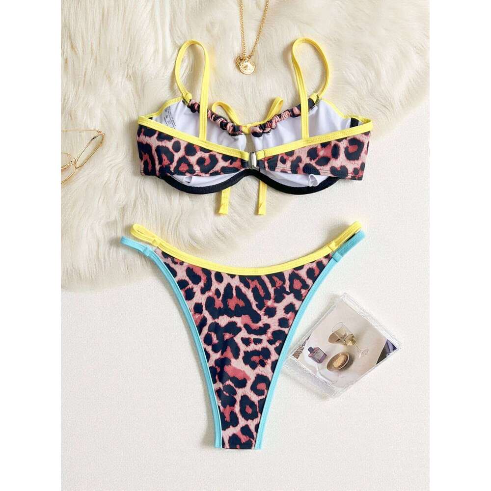 Sexy Neon Green Leopard Print Patchwork Micro Bikini 2026 Women Front Tie Push Up Underwire Swimwear Bathing Suit Thong Swimsuit Z260301