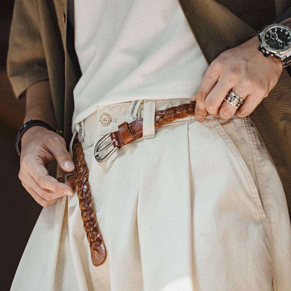 Maden Vintage Woven Two-Layer Vegetable Tanned Cowhide Belt for Men's Versatile Brown Accessory S260228