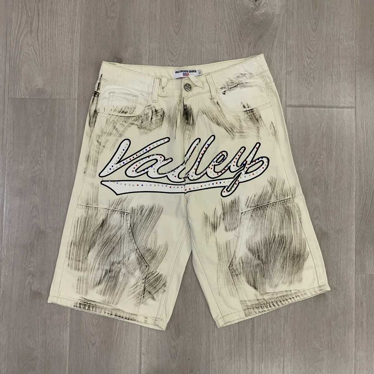 Color Rhinestone Shinning Baggy Jeans Shorts for Men Letter Embroidery Casual Denim Knee Length Pants Oversized Summer Short C260302